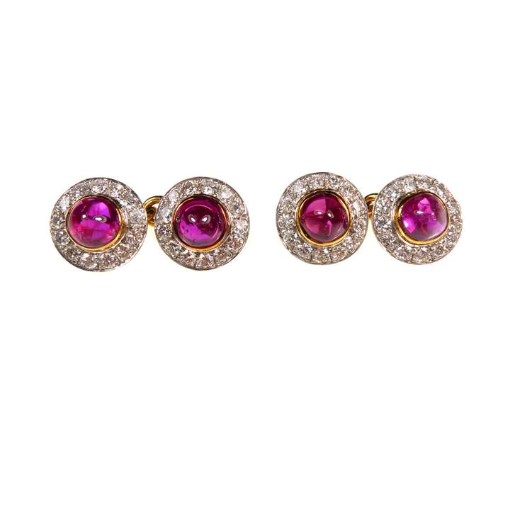 Pair of cabochon Burma ruby and diamond cufflinks